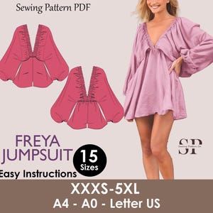 Puede incluir: Se muestra un patrón de costura PDF para el mono Freya, con una modelo que lleva la prenda. El patrón incluye 15 tallas, de la XXXS a la 5XL, y está disponible en formatos A4, A0 y Letter US. El mono es de color rosa empolvado.