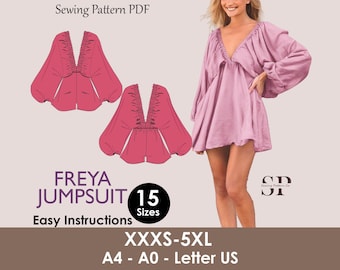 FREYA Jumpsuit - Bustier pattern | Deep V Neckline | Women skirt jumpsuit pattern| Puffy Sleeves, short dress| sewing Pattern PDF long puff