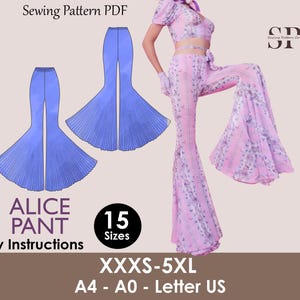 Puede incluir: Un patrón de costura PDF para el pantalón Alice, con un diseño de pierna acampanada. La imagen muestra a una modelo con un atuendo de estampado floral rosa y una ilustración azul del pantalón. Incluye tallas XXXS-5XL y A4-A0 Letter US.