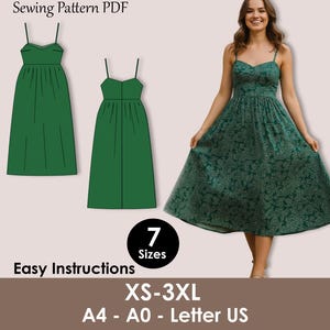 May include: A green sundress sewing pattern PDF with easy instructions. The image shows a woman wearing a green paisley dress and two illustrations of the dress. The pattern includes sizes XS-3XL and is available in A4, A0, and Letter US formats.