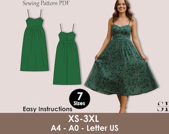 Sweetheart Linen Dress Sewing Pattern PDF – Gathered Midi with Straps, Spaghetti Strap, XS–3XL