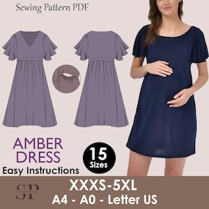 Könnte beinhalten: Ein Schnittmuster-PDF für das Amber-Kleid. Das Bild zeigt eine Frau in einem marineblauen Kleid mit kurzen Ärmeln. Das Muster enthält einfache Anweisungen und ist in 15 Größen von XXXS bis 5XL erhältlich.