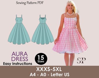 Square neck dress pattern | Women dress sewing pattern  Bow Mini dress| PDF Sewing pattern | 15-sizes | barbie dress | Movie pattern dress