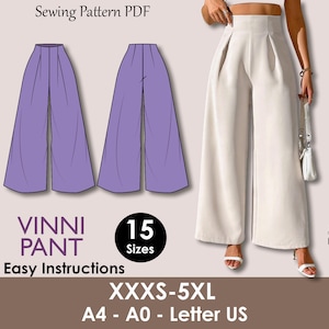 May include: Image of a sewing pattern PDF for wide-leg pants. The pattern includes a purple illustration of the pants and a photo of the pants in cream. Text includes "VINNI PANT", "Easy Instructions", and size range XXXS-5XL.