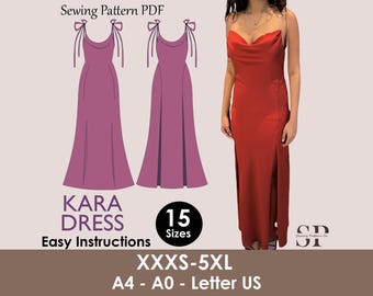 Patrón de costura para vestido Kara con escote drapeado y abertura (PDF)