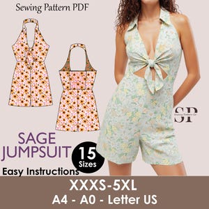 May include: A sage green jumpsuit sewing pattern PDF with a floral print. The image shows a finished jumpsuit and a pattern diagram. The text on the image says "SAGE JUMPSUIT" and "Easy Instructions". Available in sizes XXXS-5XL.