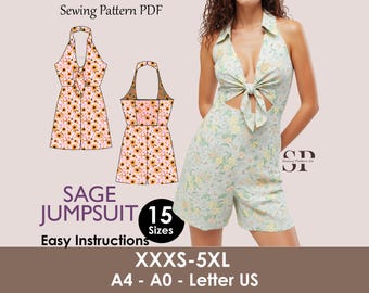 SAGE Jumpsuit - bow tie playsuit | Deep V Neckline | Women short jumpsuit collar with  pattern| Sleeveless , Short dress| sewing Pattern PDF