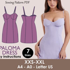 May include: A lilac Paloma dress sewing pattern PDF with easy instructions. The design features a bustier-style bodice and spaghetti straps. The pattern includes 7 sizes, from XXS to XXL, and is available in A4, A0, and Letter US formats.