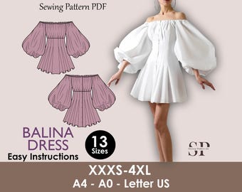 Off shoulder puff sleeve dress sewing pattern | puffy sleeve dress pattern | 13 sizes | women dress sewing pattern | Party, Wedding, Prom