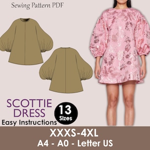 SCOTTIE Dress - Puffy sleeve dress| Oversize dress | mini puffy dress | Women | Round neckline| one piece  | pdf sewing pattern