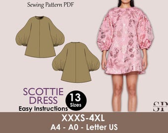 SCOTTIE Dress - Puffy sleeve dress| Oversize dress | mini puffy dress | Women | Round neckline| one piece  | pdf sewing pattern