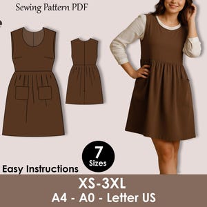 May include: A brown dress sewing pattern PDF with easy instructions. The pattern includes sizes XS-3XL and is compatible with A4, A0, and Letter US paper sizes. The image also shows a woman wearing the dress.