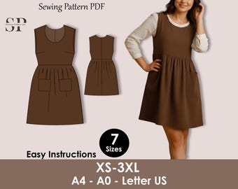 Apron Dress Sewing Pattern PDF, Gathered Waist Sleeveless Dress, Scoop Neck, Gathered Waist, Sleeveless Dress, Back Zipper