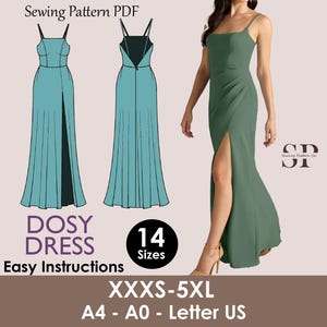 Puede incluir: Un patrón de vestido turquesa con una abertura alta y tirantes finos se muestra junto a una foto de una mujer con un vestido verde similar. El patrón ofrece 14 tallas, de la XXXS a la 5XL, y está disponible en formatos A4, A0 y Letter US. El texto "DOSY DRESS" también es visible.