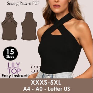 Op de afbeelding: Zwarte haltertop met een sleutelgatdetail. De afbeelding toont ook een naaipatroondiagram van de top, met de tekst "Sewing Pattern PDF", "LILY TOP", "15 Sizes" en de maatreeks "XXXS-5XL".