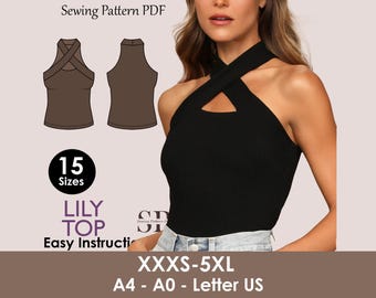 LILY Top - Minimalist top | Halter top pattern | Sleeveless, Cutout, Cross Front| women Top digital sewing Pattern PDF crop top blueprint