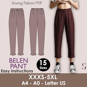 May include: A sewing pattern PDF for the Belen Pant, available in 15 sizes from XXXS to 5XL. The image shows a pair of pleated pants and a person wearing similar pants. The pattern includes easy instructions and is available in A4, A0, and Letter US formats.