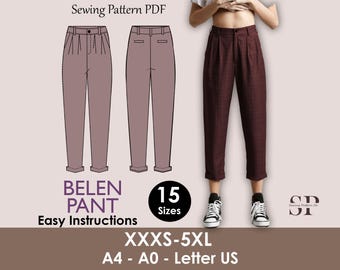 BELEN Pant- cuffed pant pattern | Ankle length women trouser | 70s, 90s pant| stretchy| casual| Women Trouser sewing pattern| Digital Pants
