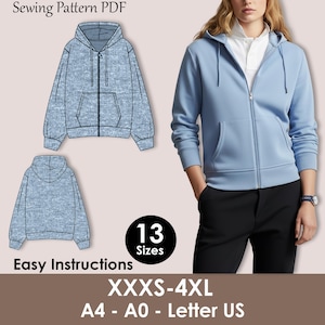 Könnte beinhalten: Ein hellblauer Kapuzenpullover mit Reißverschluss und Vordertasche wird an einer Person vorgeführt. Das Bild zeigt auch ein Schnittmuster mit zwei Abbildungen des Kapuzenpullovers sowie den Text "Sewing Pattern PDF", "Easy Instructions" und Größenangaben.