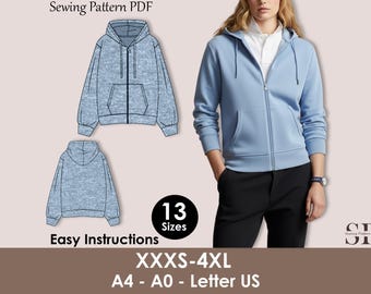Slouchy Zip-Up Hoodie Schnittmuster PDF | Übergroßer Unisex-Hoodie mit Front-Reißverschluss und Taschen | XXXXS–4XL
