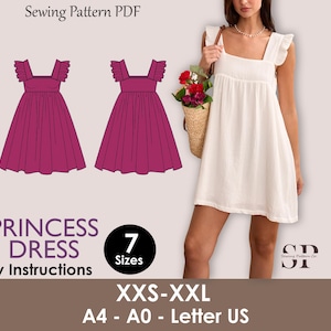 Pode incluir: Um PDF de padrão de costura para um vestido Princesa. A imagem mostra um vestido branco e duas ilustrações de vestidos magenta. O texto diz "PRINCESS DRESS" e "Easy Instructions". Tamanhos XXS-XXL disponíveis.