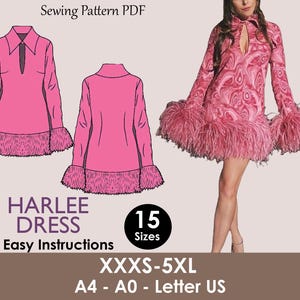 Könnte beinhalten: Ein pinkfarbenes Harlee-Kleid-Schnittmuster-PDF mit einfacher Anleitung. Das Kleid hat einen Kragen, einen Schlüsselloch-Ausschnitt und Federn an den Ärmeln und am Saum. Das Schnittmuster enthält 15 Größen von XXXS bis 5XL und ist in den Formaten A4, A0 und Letter US erhältlich.