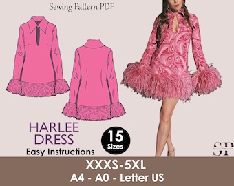 Robe HARLEE - Robe plume | mini-robe à col rond | col en V profond | Patron de robe d'été pour femme | patron de couture classique des années 90 et 70