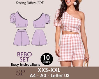 BEBO Set - one shoulder top | high waist short | Women dress pattern| Puffy Sleeve dress, Short dress|   sewing Pattern PDF