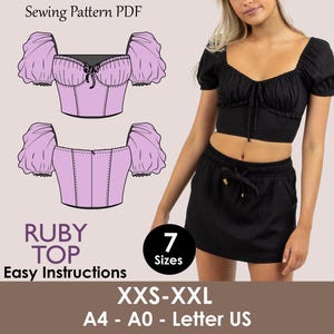 May include: Image features a sewing pattern PDF for a Ruby Top, with easy instructions. The pattern includes sizes XXS-XXL and is available in A4-A0 and Letter US formats. The image also shows a woman wearing a black crop top and shorts.