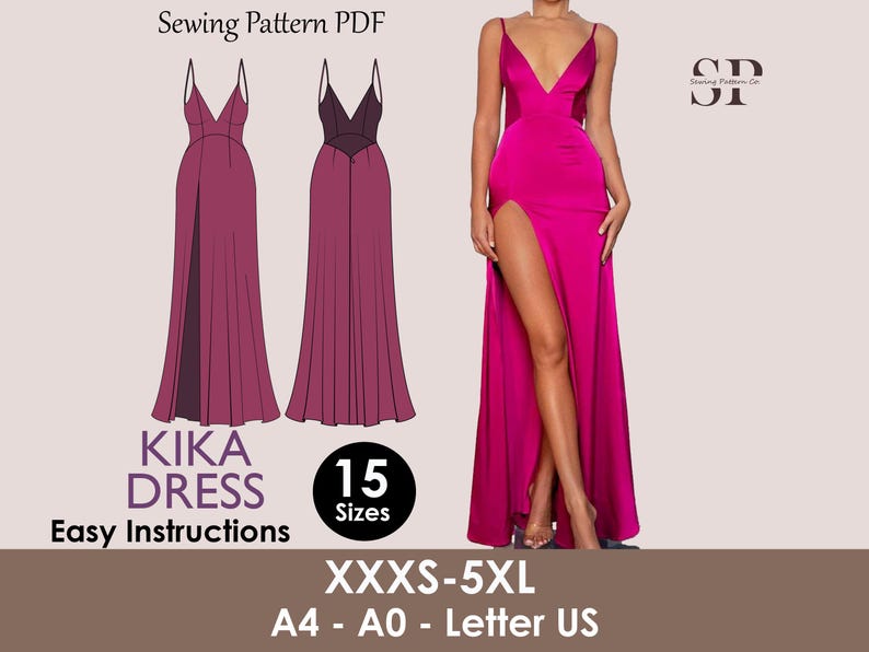 KIKA Dress - prom dress | Bustier open back maxi | Women dress | one piece gown | V neckline Slit dress| Sleeveless | sewing pattern pdf