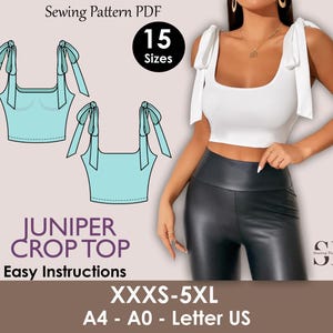 以下が含まれることがあります： 白いクロップトップ、結びストラップ、スクエアネックラインの画像です。また、結びストラップ付きのライトブルーのクロップトップの縫製パターンのイラストも表示されています。画像には「JUNIPER CROP TOP」と「Easy Instructions」と書かれています。パターンには、XXXSから5XLまでの15サイズが含まれています。