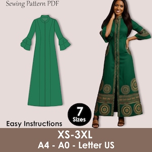 May include: A green maxi dress sewing pattern PDF with easy instructions, available in sizes XS-3XL. The image shows a drawing of the dress and a woman wearing the finished garment. The dress features a high collar and bell sleeves.