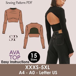 Peut inclure: Patron de couture PDF pour le Ava Top, avec des instructions faciles et 15 tailles, de XXXS à 5XL. Le design comprend un crop top à manches longues avec une découpe dans le dos. Le patron est disponible en formats A4, A0 et Letter US.