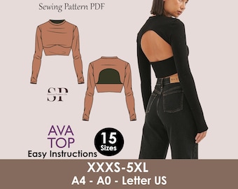 AVA Top - Turtleneck & Mock Neck Top | Back cut out crop top sewing pattern | Women TOP dress pattern|  | High neck  girl sewing pattern pdf