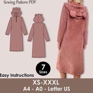 May include: A pink, hooded robe with bear ears, shown in a sewing pattern PDF. The image includes illustrations of the robe and a person wearing it. Text on the image reads "Easy Instructions" and "7 Sizes", with sizes XS-XXXL.