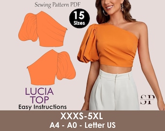 LUCIA Top - One shoulder puffy sleeve top  | Top sewing pattern | Asymetrical summer top , short top, women Top digital sewing Pattern PDF