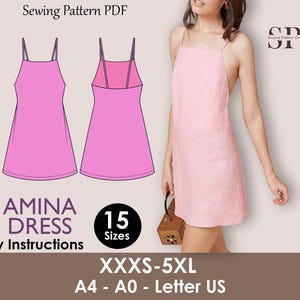 May include: A pink Amina dress sewing pattern PDF with easy instructions. The image shows a woman wearing a pink dress and a diagram of the dress. The pattern includes 15 sizes, from XXXS to 5XL, and is available in A4, A0, and Letter US formats.