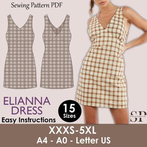 Puede incluir: Un vestido Elianna a cuadros marrones y blancos, con cuello en V y silueta entallada. La imagen incluye un diagrama de patrón de costura y una foto del vestido. El texto en la imagen dice "Sewing Pattern PDF", "Elianna Dress", "Easy Instructions", y talla XXXS-5XL.