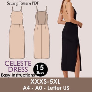 May include: A digital sewing pattern for the Celeste Dress. The image shows a sketch of the dress, a woman wearing the dress, and the text "CELESTE DRESS" and "Easy Instructions". The pattern includes 15 sizes, from XXXS to 5XL.