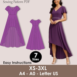 May include: A sewing pattern PDF featuring a purple high-low dress design with flutter sleeves and a V-neck. The image includes a model wearing the dress, along with illustrations and the text "Easy Instructions" and "XS-3XL".