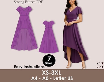 Bridesmaid Dress Sewing Pattern PDF, High Low Hem Dress with Flutter Sleeves, V Neck Formal Gown, Wedding Guest Dress XS-3XL
