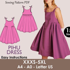 May include: A sewing pattern PDF for the PIHU dress. The image shows a magenta dress with a flared skirt and tie straps, along with a model wearing a similar dress. The text indicates easy instructions and sizes XXXS-5XL.