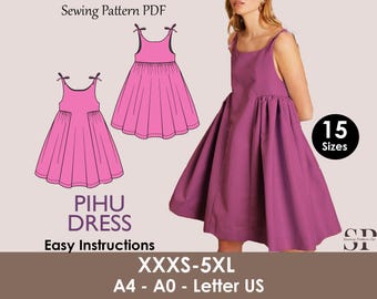 PIHU Dress - fairy bow strap| Puffy one piece | Round neck| Sleeveless | sewing pattern