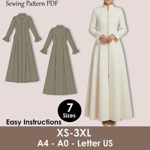 May include: A sewing pattern PDF featuring a long, cream-colored coat with a mandarin collar and a front zipper. The image also shows two illustrations of a similar coat in olive green. Text includes "Easy Instructions" and size range XS-3XL.