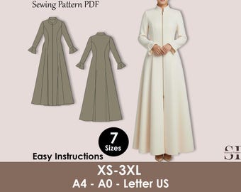 Medieval Cloak Dress Sewing Pattern PDF, Zipper Front Coat XS-3XL, Renaissance Costume PDF, Long Flared Dress Pattern