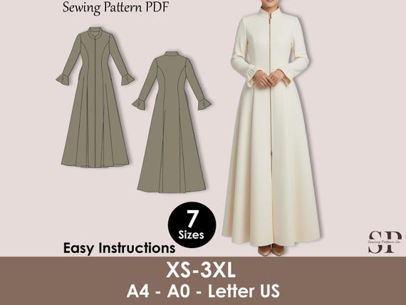 Medieval Cloak Dress Sewing Pattern PDF, Zipper Front Coat XS-3XL, Renaissance Costume PDF, Long Flared Dress Pattern