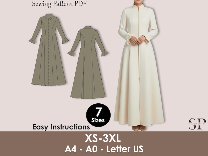 Medieval Cloak Dress Sewing Pattern PDF, Zipper Front Coat XS-3XL, Renaissance Costume PDF, Long Flared Dress Pattern