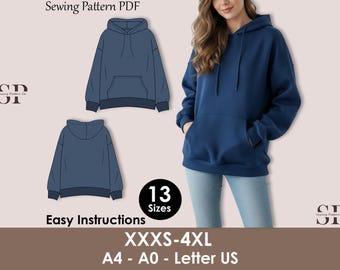 Oversized Hoodie Sewing Pattern PDF, Unisex Pullover Sweatshirt Pattern, Comfy Loungewear Hoodie - 13 sizes