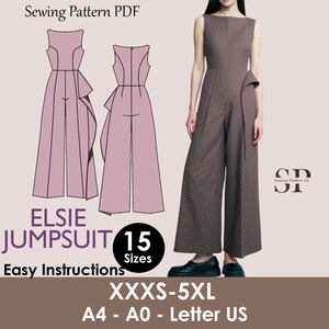 May include: An image of a sewing pattern PDF for the Elsie Jumpsuit. The image includes a model wearing the jumpsuit, line drawings of the jumpsuit, and the text "ELSIE JUMPSUIT" with "15 Sizes" and "Easy Instructions". The pattern sizes range from XXXS-5XL.