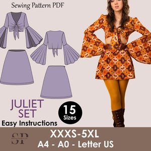 Puede incluir: Un patrón de costura PDF para el conjunto Juliet, con un top corto con mangas acampanadas y una falda. La imagen muestra a una mujer que lleva el conjunto con un estampado floral. El patrón incluye tallas XXXS-5XL e instrucciones fáciles.